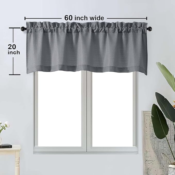 OWENIE Bob 1 PCS Dark Grey Valances for Windows, Faux Linen Textured Kitchen Window Curtains Valance for Bedroom Living Room, Modern Soft Airy Solid Rod Pocket Bathroom Cafe Curtain, 60Wx20L Inch