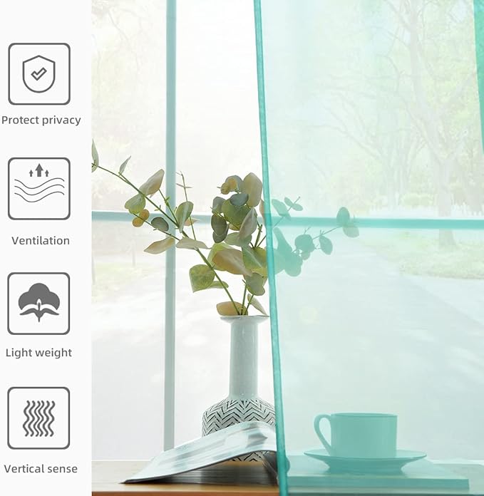 youleyar Solid Sheer Rod Pocket Curtain Voile Draperies 2 Panels White Beige Black Grey Coffee 52 Inch Width 45 Inch Long 1 Pair for Kitchen Bedroom Children Living Room Yard (Turquoise,52Wｘ45L)