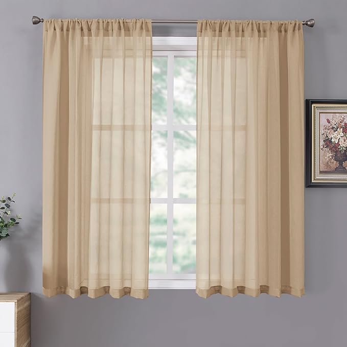 Tollpiz Short Sheer Curtain Linen Textured Living Room Curtains Sheer Light Filtering Rod Pocket Voile Curtain for Bedroom, 42 x 54 inches Long, Beige, Set of 2 Panels