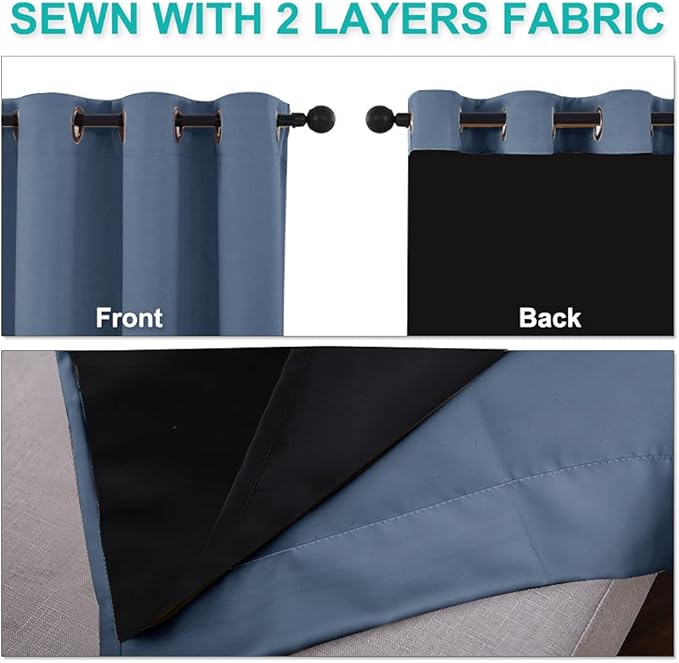 NICETOWN 100% Blackout Curtains with Black Liners, Thermal Insulated Full Blackout 2-Layer Lined Drapes, Energy Efficiency Window Draperies for Bedroom (Stone Blue, 2 Panels, 55-inch W by 68-inch L)