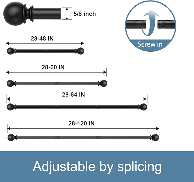 Black Curtain Rods for Windows 48 to 84 or 88 Inches Max,2 Pack 5/8 Inch Diameter Stainless Steel Adjustable Heavy Duty Curtain Rod with Brackets, Easy Installation for Indoor and Outdoor