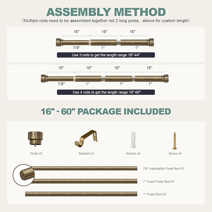 Lootkell Antique Bronze Curtain Rods for Windows 28 to 48 Inches Adjustable Length Heavy Duty 1" Diameter Window Curtain Rod with Solid Metal Finials for Outdoor Farmhouse Bedroom Kitchen Living Room