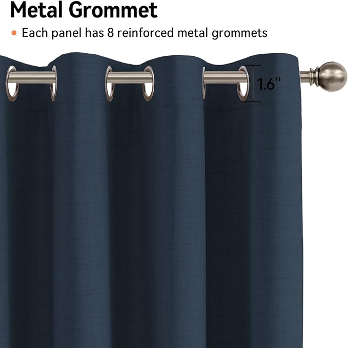 100% Blackout Shield Linen Blackout Curtains for Bedroom, Navy Blue Grommet Curtains for Living Room, Thermal Insulated Room Darkening Drapes for Nursery, Boho Home Decor, 50" W x 96" L, 2 Panels