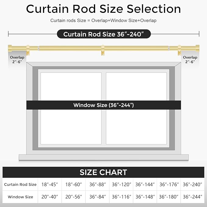 Gold Curtain Rods for Windows 36 to 240 Inch(3-20 Feet),1" Diameter Rods with Modern Style End Cap Finials,Size:36-240 Inch