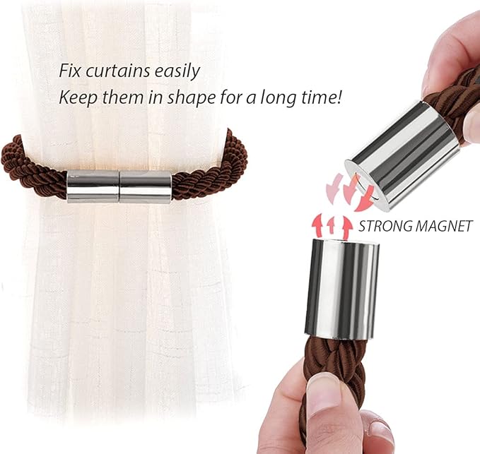 NICEEC 4 Pack Strong Magnetic Curtain Tiebacks Modern Simple Style Drape Tie Backs Convenient Decorative Weave Rope Curtain Holdbacks for Thin or Thick Home & Office Window Draperies (Deep Coffee)