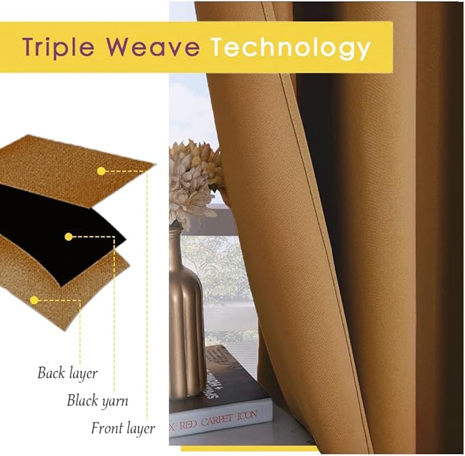 NICETOWN Bedroom Curtains Blackout Drapery Panels, 2 Panels, 70 x 72 inches, Gold Brown, Three Pass Microfiber Thermal Insulated Solid Ring Top Blackout Window Curtains/Drapes