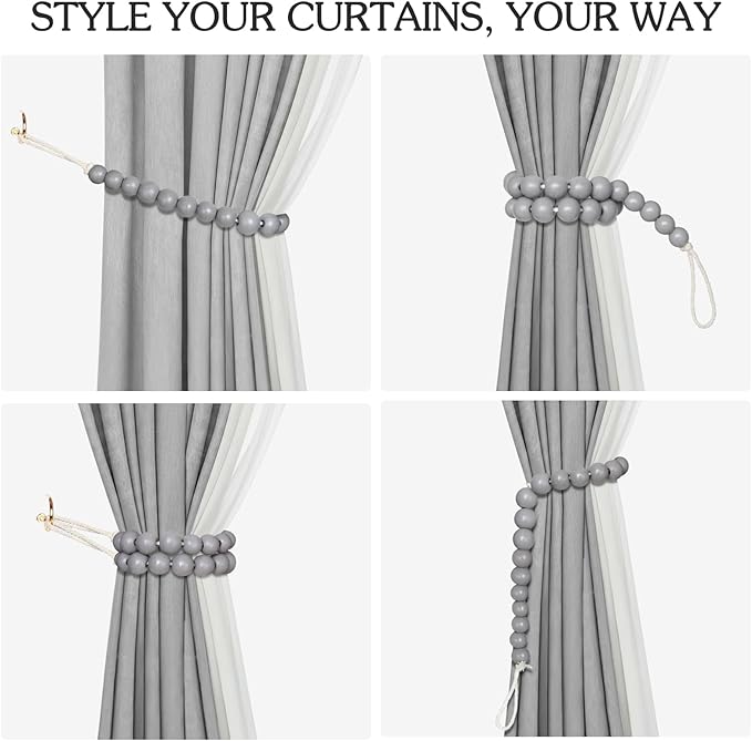 Hion 4 Pcs Boho Curtain Tiebacks,Wood Beads Curtain Holdbacks,Outdoor Farmhouse Tie Backs for Curtains,Curtain Holders for Drapes Home Office Room Decor with Hooks(Grey