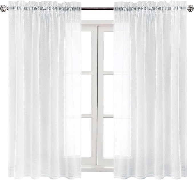 DWCN White Sheer Curtains Semi Transparent Voile Rod Pocket Curtains for Bedroom and Living Room, 52 x 45 inches Long, Set of 2 Panels