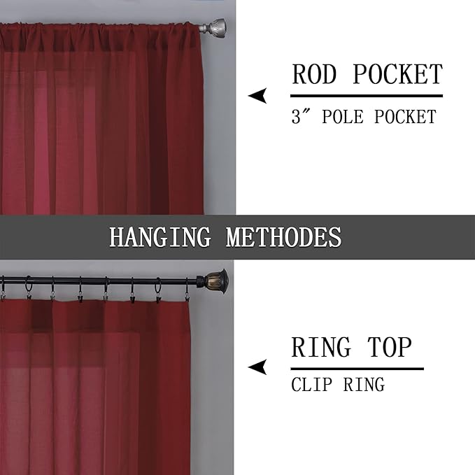 Tollpiz Sheer Tier Curtains Kitchen Linen Textured Half Curtain Sheers Light Filtering Rod Pocket Voile Bathroom Short Curtains for Farmhouse, 25 x 30 inches Long, Burgundy Red, Set of 2 Panels