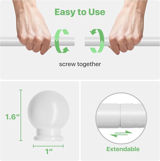 White Curtain Rods for Windows 28 to 60 inch, Adjustable Curtain Rod Set with Brackets Easy Install, Decorative Slender 5/8 Diameter Drapery Rod, Heavy Duty Drape Pole for Living Room, Bedroom