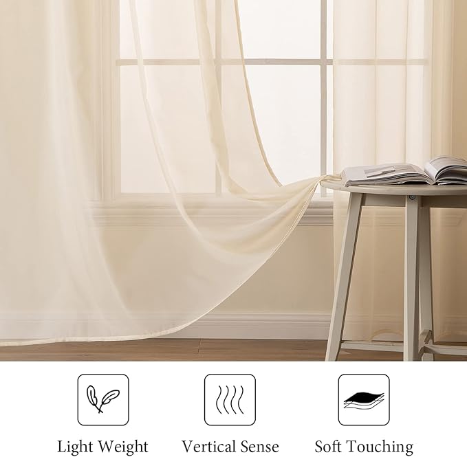 MIULEE 2 Panels Solid Color Sheer Window Curtains Elegant Window Voile Panels/Drapes/Treatment for Bedroom Living Room (54 X 90 Inches Cream Beige)