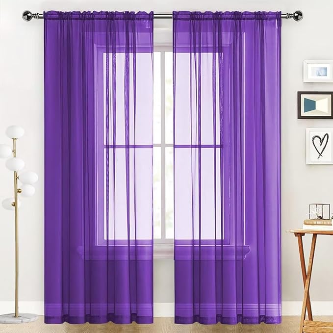 SpaceDresser Sheer Voile Window Treatment Rod Pocket Curtain Panels for Kitchen Bedroom Living Room Drapes Sunlight Filtering Privacy Semi Home Decor Assorted (Purple, 52 W x 63 L)