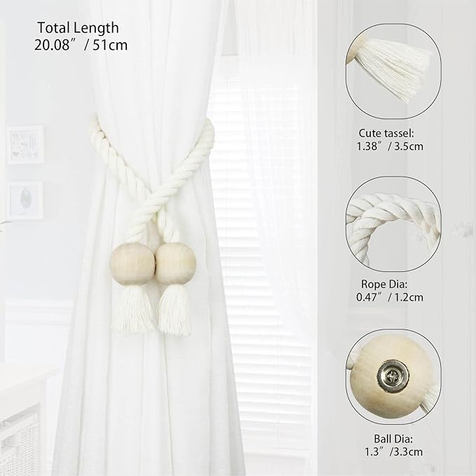 4 Pack Magnetic Curtain Tiebacks Cotton Hand Woven Tie Back Decorative Rope Holdbacks for Curtains Draperies No Tools Required, Cream