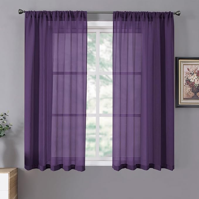 Tollpiz Short Sheer Curtain Linen Textured Bedroom Curtains Sheer Light Filtering Rod Pocket Voile Curtain for Living Room, 54 x 54 inches Long, Royal Purple, Set of 2 Panels