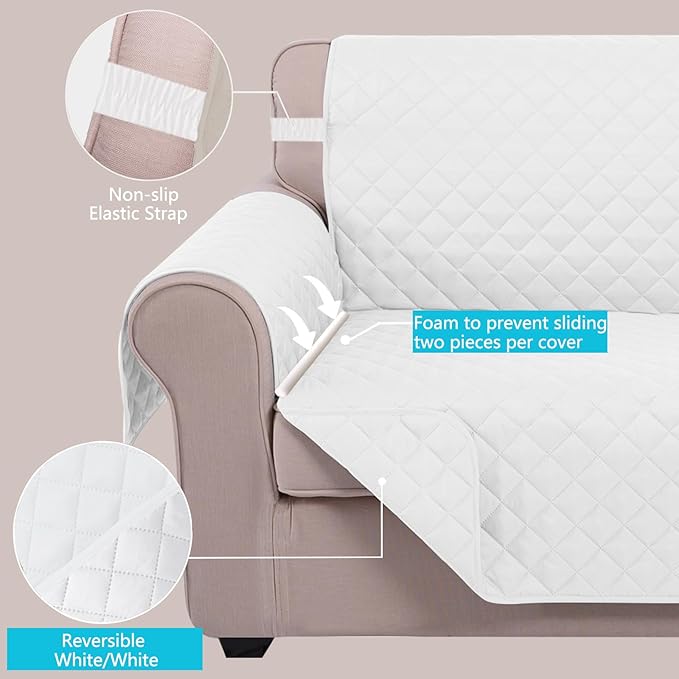 U-NICE HOME Recliner Chair Covers Reversible Chair Cover Pet Covers for Dogs with Elastic Straps Water Resistant Diamond Quilted (23''Armchair, White/White)