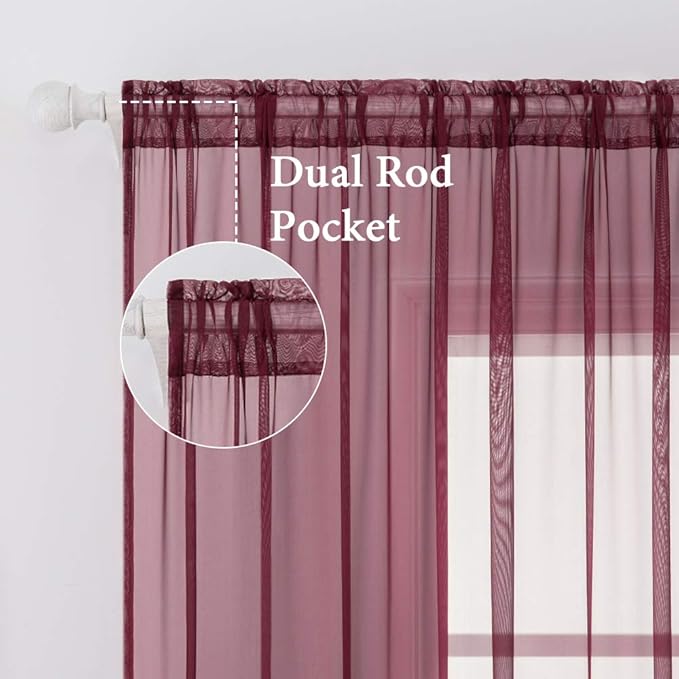 MIULEE 2 Panels Solid Color Sheer Christmas Window Curtains Elegant Window Voile Panels/Drapes/Treatment for Bedroom Living Room (54X90 Inches Wine Red)