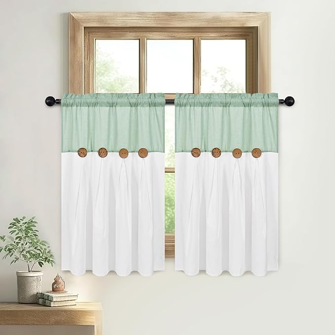 FRAMICS Boho Kitchen Curtains 36 Inch Length, Farmhouse Cotton Linen Tier Curtains, Rustic Button Short Curtains for Windows, Sage Green Country Cafe Curtains, Rod Pocket Small Window Curtains, 26x36