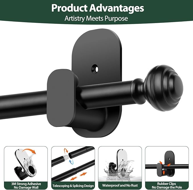 KAMANINA No Drill Curtain Rods for Windows 32 to 58 Inches, 5/8 Inch Renter Friendly Curain Rod 2 Pack Adjustable Drapery Rod with 3M Adhesive Brackets without Drilling, Black