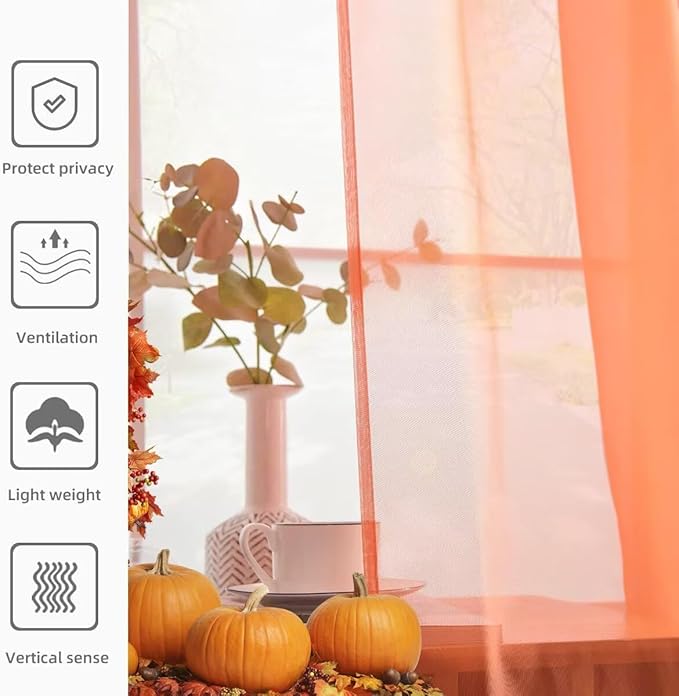 youleyar Solid Sheer Rod Pocket Curtain Voile Draperies 2 Panels White Beige Black Grey Coffee 52 Inch Width 63 Inch Long 1 Pair for Kitchen Bedroom Children Living Room Yard (Orange Red,52Wｘ63L)