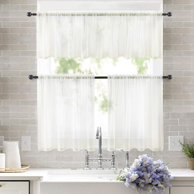 MIULEE 2 Panels Kitchen Tiers Half Window Sheer Curtains Rod Pocket Voile Drapes for Kitchen Bathroom Small Windows 29 by 24 Inch Ivory