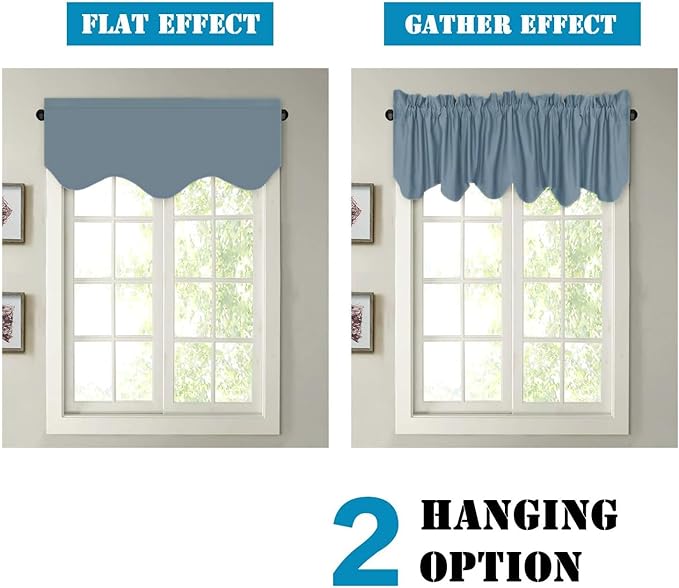 H.VERSAILTEX 2 Panels Blackout Curtain Valances for Kitchen Windows/Living Room/Bathroom Privacy Protection Rod Pocket Decoration Scalloped Winow Valance Curtains, 52" W x 18" L, Stone Blue
