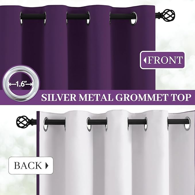Yakamok Room Darkening 100% Blackout Curtains Grommet Window Treatments with 2 Thick Layers-Purple Thermal Insulated Drapes Set of 2 Panels for Bedroom Living Room 38 Inches by 84 Inches Length