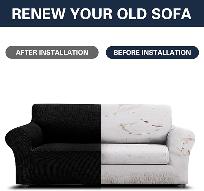 Cupuamon 2026 New Stretch Sofa Slipcovers Couch Cover for 3 Cushion Furniture Protector Sofa Covers with Elastic Bottom Jacquard Fabric Small Checks for Pets, Kids -Sofa, Black