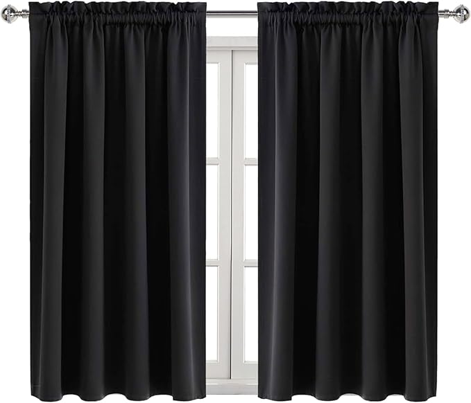 DWCN Blackout Curtains Room Darkening Thermal Insulated Bedroom Curtains Window Curtain Panels, 52 x 54 inches Long, Set of 2 Black Rod Pocket Drapes