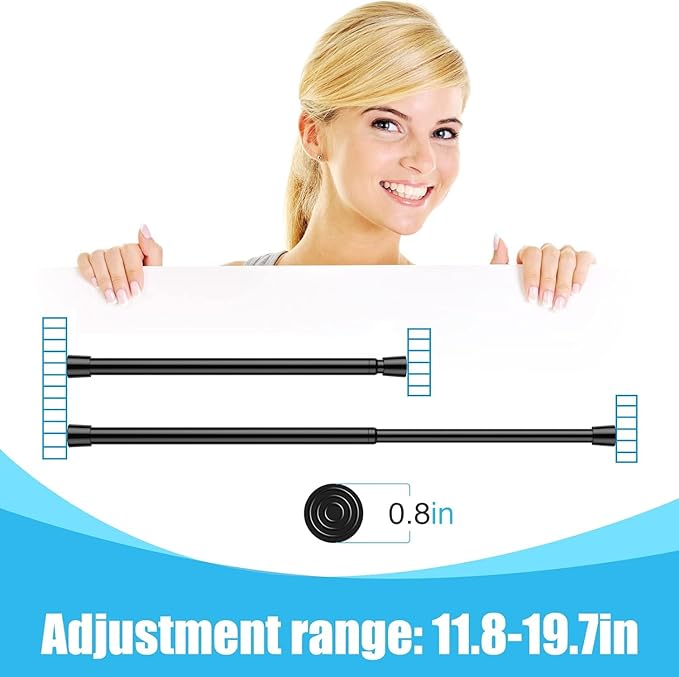 AIZESI 2pcs Black Small Tension Rod 12 to 19 Inch Adjustable Tension Curtain Rod Mini Closet Rod Spring Rod No Drilling Short Tension Rods for Windows, Cupboard, Kitchen Cabinets,（Suitable 12-17in）