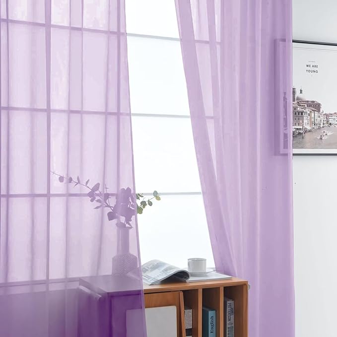 SpaceDresser Sheer Voile Window Treatment Rod Pocket Curtain Panels for Kitchen Bedroom Living Room Drapes Sunlight Filtering Privacy Semi Home Decor Assorted (Lavender, 52 W x 90 L)