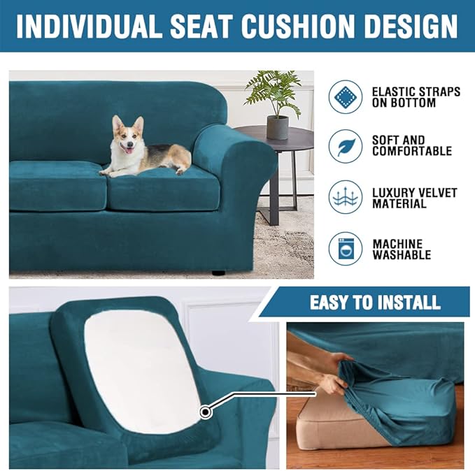 H.VERSAILTEX Real Velvet Plush 3 Piece Stretch Sofa Covers Couch Covers for 2 Cushion Couch Sofa Slipcovers Width Up to 90 Inch Feature Thick Soft Stay in Place (Large Sofa, Deep Teal)