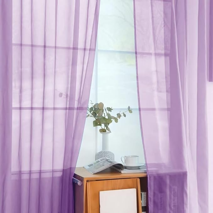 youleyar Solid Sheer Rod Pocket Curtain Voile Draperies 2 Panels White Beige Black Grey Coffee 52 Inch Width 54 Inch Long 1 Pair for Kitchen Bedroom Children Living Room Yard (Lavender,52Wｘ54L)