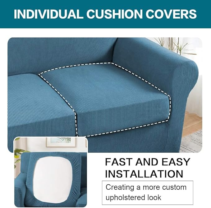 Turquoize 3 Piece Sofa Covers For 2 Cushion Couch Sofa Slipcover Soft Couch Cover For Dogs-Washable Sofa Furniture Covers With 2 Individual Cushion Covers, Thick Jacquard Fabric (Loveseat, Dusty Blue)