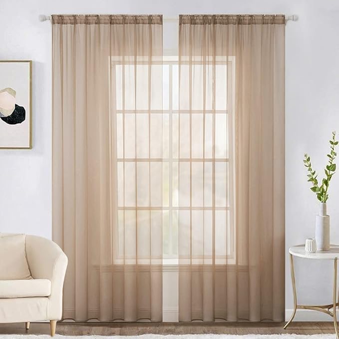 MIULEE 2 Panels Solid Color Sheer Window Curtains Elegant Window Voile Panels/Drapes/Treatment for Bedroom Living Room (54X108 Inches Brown)