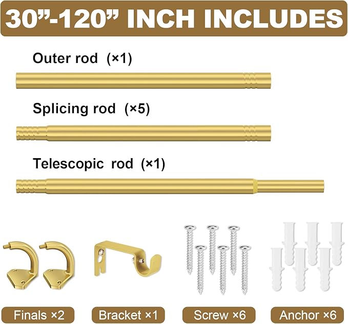 GXOACKJ Gold Curtain Rods for Windows 66 to 120 inch, 5/8 inch Adjustable Wrap Around Blackout Curtain Rods for Bedroom & Outdoor