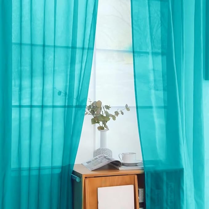 youleyar Solid Sheer Rod Pocket Curtain Voile Draperies 2 Panels White Beige Black Grey Coffee 52 Inch Width 108 Inch Long 1 Pair for Kitchen Bedroom Children Living Room Yard (Peacock Blue,52Wｘ108L)