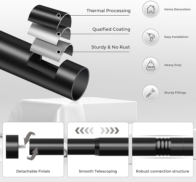 VOIIY 2 Pack Curtain Rods for Windows 28 to 48 Inch(1.5-5 Feet),Black 1'' Diameter Drapery Rods with End Cap Style Design,Modern Adjustable Heavy Duty Curtain Rod,Size:30''-60''