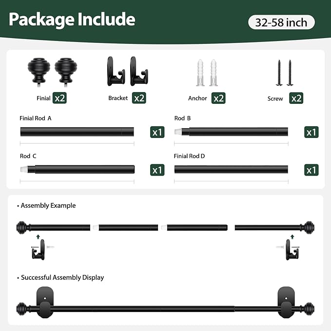 KAMANINA No Drill Curtain Rods for Windows 32 to 58 Inches, 5/8 Inch Renter Friendly Curain Rod Adjustable Drapery Rod with 3M Adhesive Brackets without Drilling, Black