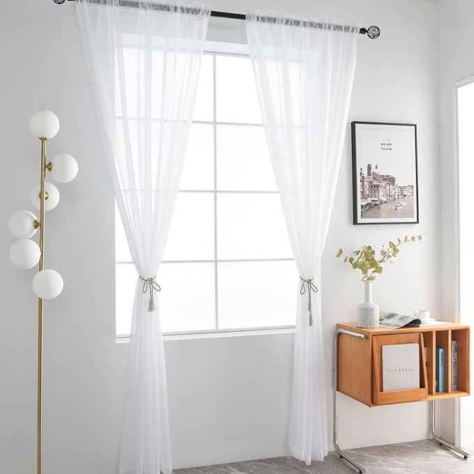 SpaceDresser Sheer White Curtains 4 Panels Rod Pocket Semi-Sheer Curtain 108 Inches Long Light Filtering Voile Window Drapes for Bedroom Living Room Kitchen, Each 52W x 108L