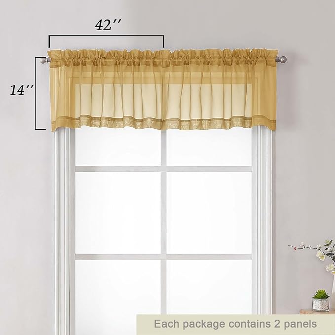 Gold Valances for Windows, Gold Sheer Curtains 14 Inch Length 2 Pack Kitchen Drapes, Modern Solid Mini Small Window Curtains for Cafe Bathroom Basement, Each 42" Wx14 L Inches