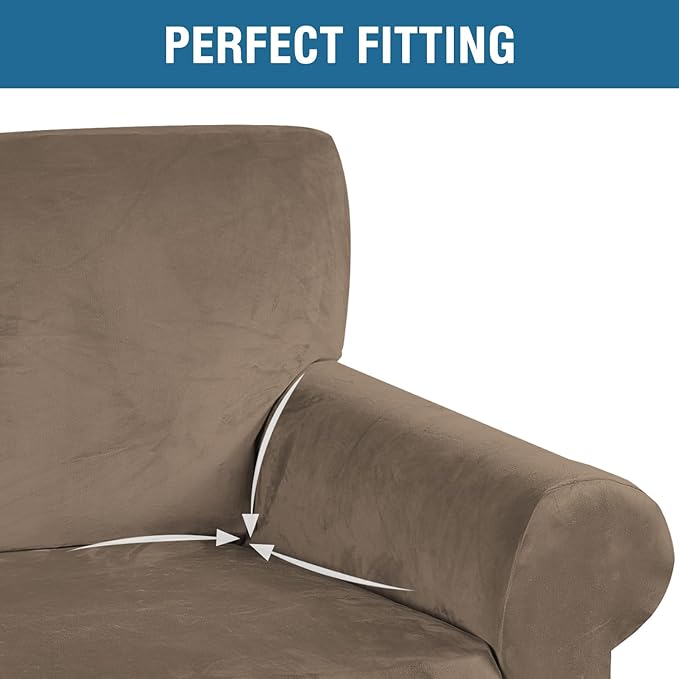 H.VERSAILTEX Stretch Velvet Sofa Covers for 3 Cushion Couch Covers Furniture Protector Soft with Non Slip Elastic Bottom, Crafted from Thick Comfy Rich Velour (Large Sofa 90"-97", Coco Mocha)