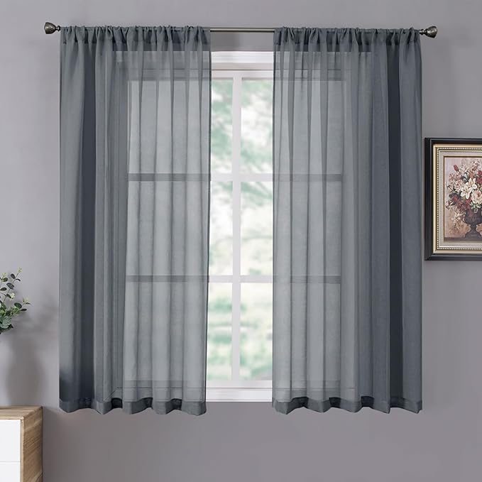Tollpiz Short Sheer Curtain Linen Textured Living Room Curtains Sheer Light Filtering Rod Pocket Voile Curtain for Bedroom, 42 x 54 inches Long, Dark Grey, Set of 2 Panels