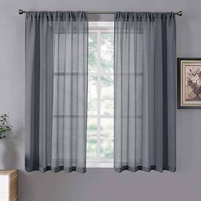 Tollpiz Short Sheer Curtains Linen Textured Living Room Curtain Sheers Light Filtering Rod Pocket Voile Curtains for Bedroom, 42 x 45 inches Long, Dark Grey, Set of 2 Panels
