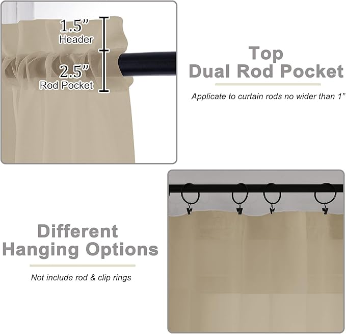 Taupe Kitchen Curtains 30 Inch Length Tier 2 PCS, Solid Soft Airy Half Curtains for Windows, Taupe Sheer Rod Pocket Drapes for Bathroom Basement Small Window, 42" Wx30 L Inches