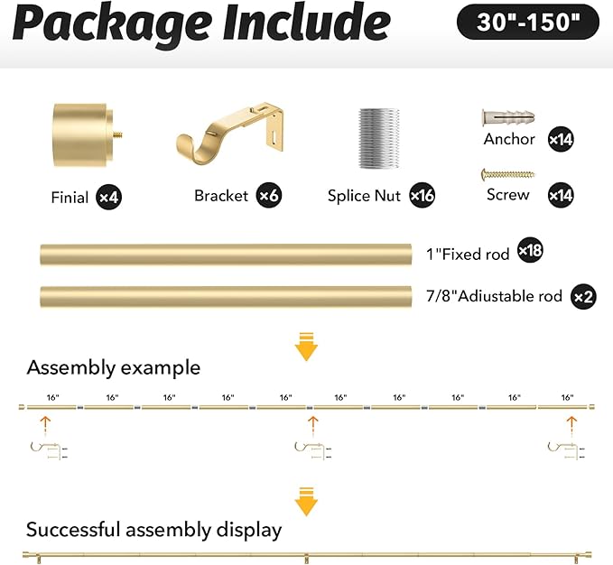 GEEBOBO 2 Pack Gold Curtain Rods for Windows 72 to 144 Inch, 1 Inch Adjustable Heavy Duty Easy Install Curtain Rods Set for Outdoor, Patio, Farmhouse, Bedroom, Living Room (Gold,30"-150",2 Pack)