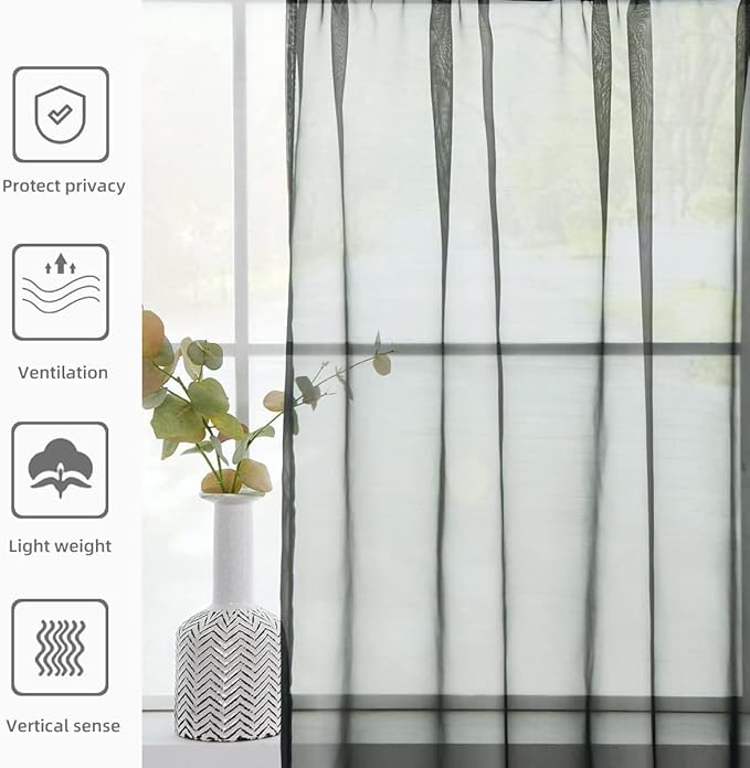 youleyar Solid Sheer Rod Pocket Curtain Voile Draperies 2 Panels White Beige Black Ivory Coffee 26 Inch Width 24 Inch Long 1 Pair for Kitchen Bedroom Children Living Room Yard(Black,26Wｘ24L)