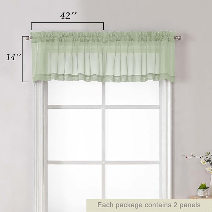 Light Green Valances for Windows, Light Green Sheer Curtains 14 Inch Length 2 Pack Kitchen Drapes, Modern Solid Mini Small Window Curtains for Cafe Bathroom Basement, 42" Wx14 L Inches
