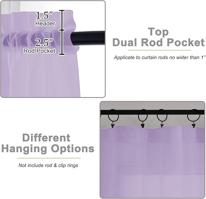 Sheer Lavender Curtains for Bedroom Living Room 54 Inch Length 2 Panels Set, Solid Soft Airy Light Filtering Window Treatments, Modern Rod Pocket Drapes, Lavender, 42" Wx54 L Inches