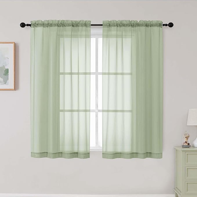 Light Green Sheer Curtains for Bedroom Living Room 45 Inch Length 2 Panels, Soft Airy Light Filtering Small Kitchen Window Curtains, Rod Pocket Short Curtain Drapes, 42" Wx45 L Inches