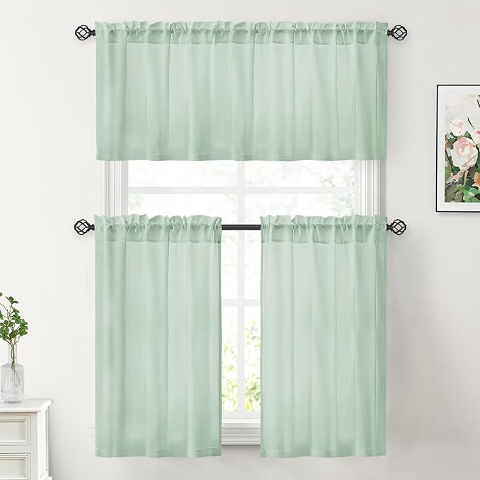 HOMEIDEAS Non-See-Through Sage Green Privacy Sheer Curtains, 30 X 36 Inches Long 2 Panels Sheer Curtains Light Filtering Window Drapes for Bedroom Living Room